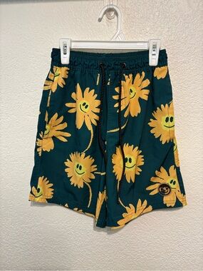 Neff Teal Swim Shorts with Smiley Face Sunflowers Size Small